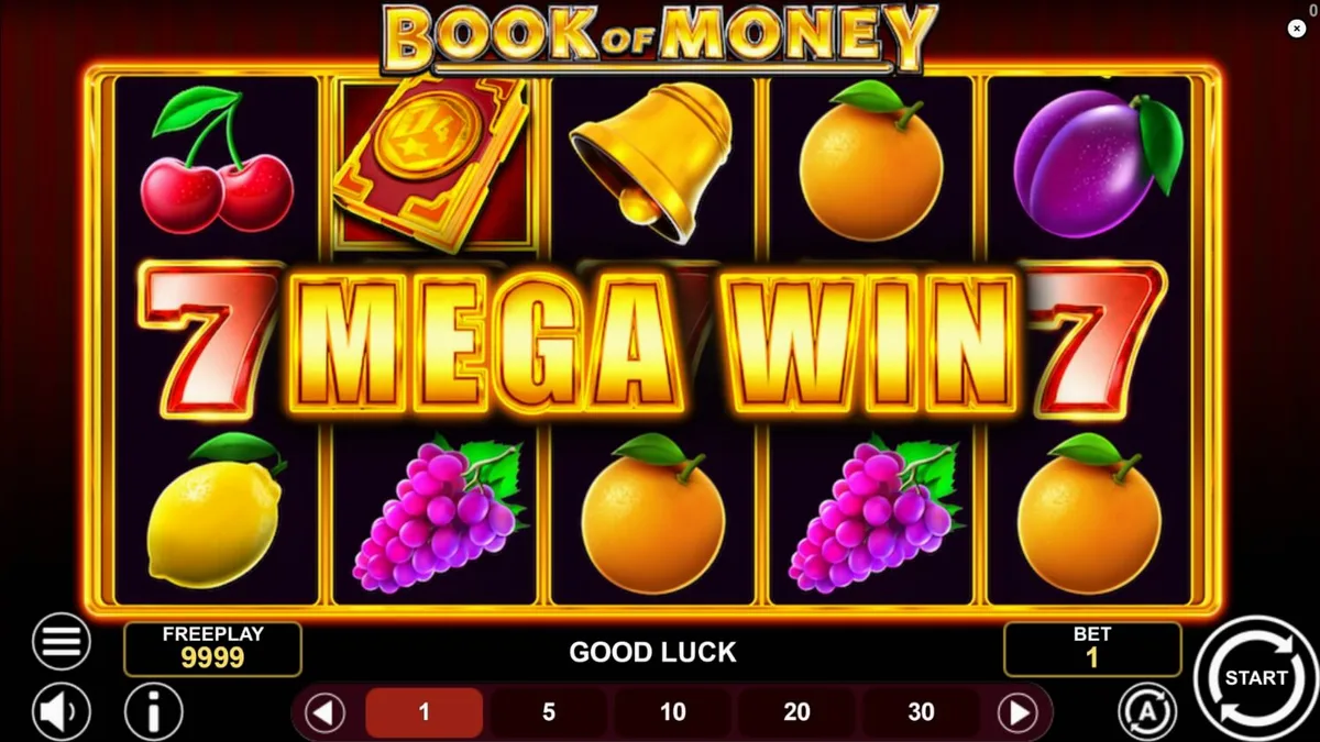 Interface do jogo Book of Money com símbolos clássicos e elementos de aventura