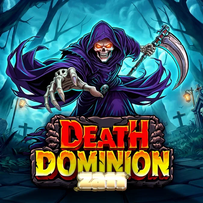 Cena atmosférica do jogo de slot Death Dominion com o Ceifador e símbolos góticos