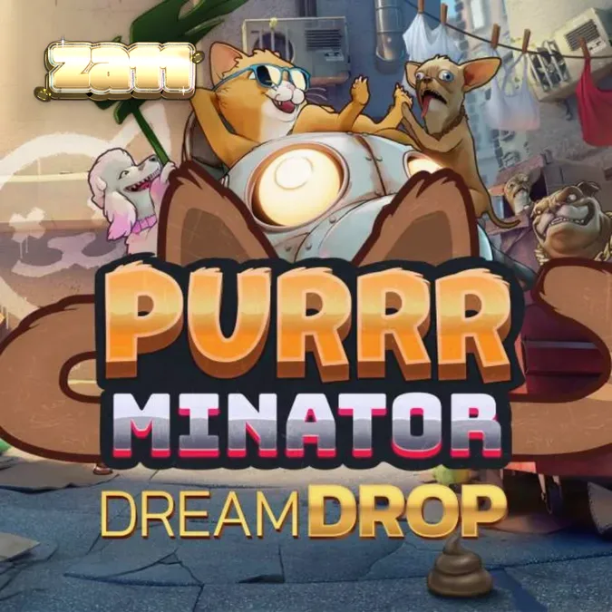Cena distópica do jogo Purrrminator Dream Drop com elementos neon e robóticos